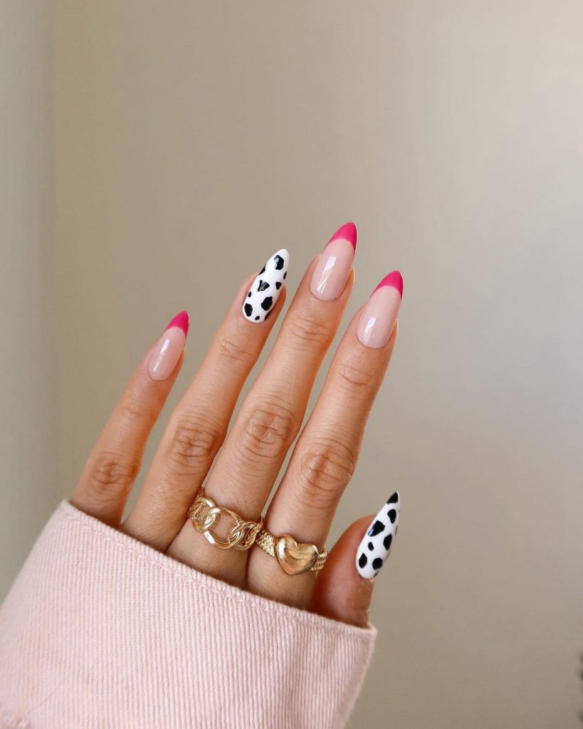 These White Polka Dot Nails with Pink accent for a Holiday festive vibe