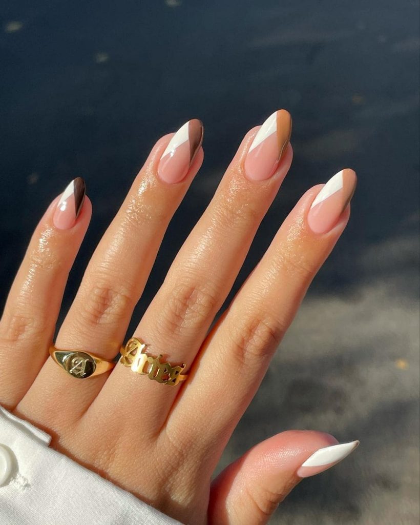  These Brown and White V-Shaped French nails for holiday festive inspo