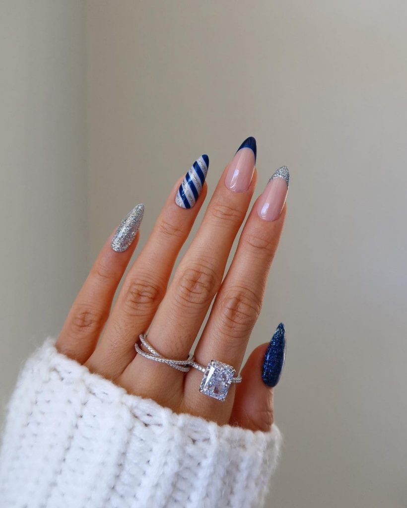 This Blue Frozen Candy Cane Nail color for Christmas inspo