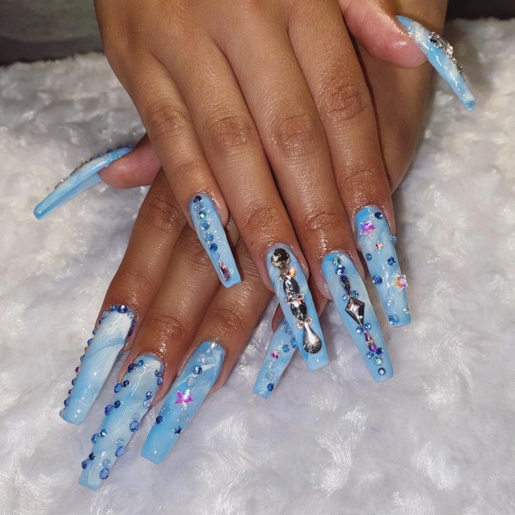 Long Blue Coffin nails With Rhinestones