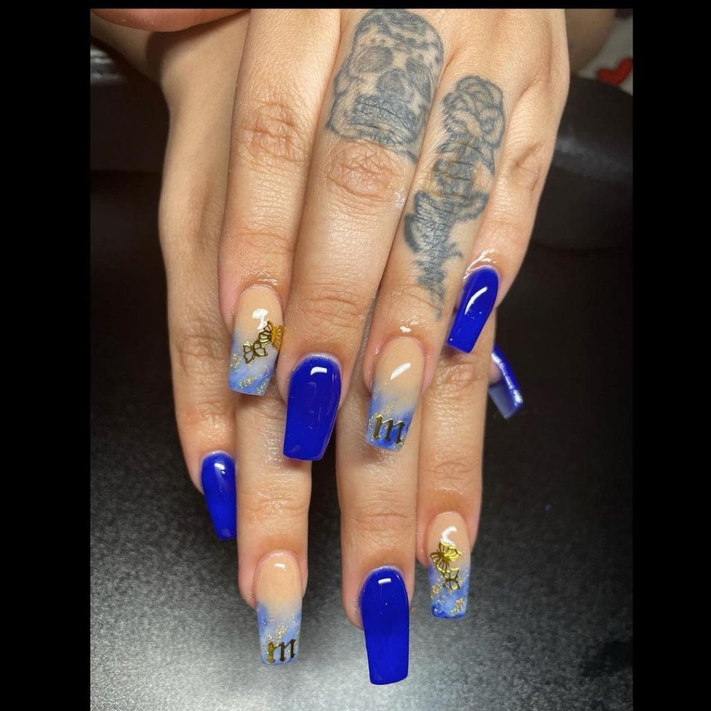 Marble Blue With Decal Glitter Coffin Nails