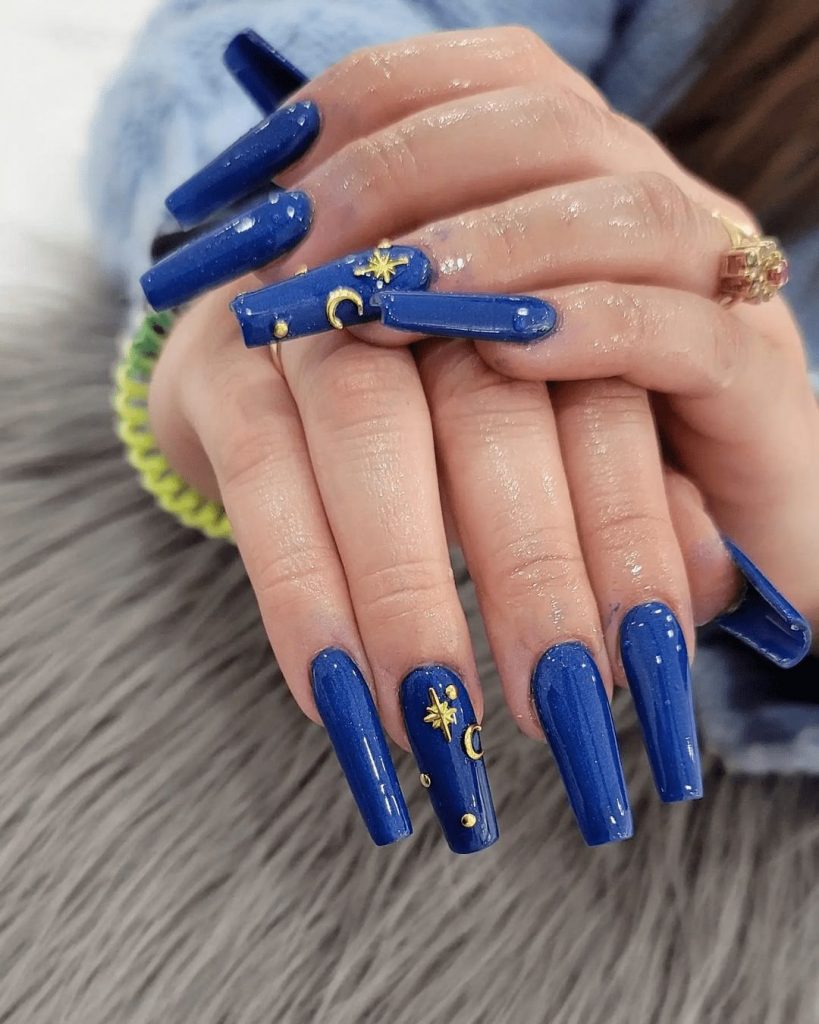 Royal Blue With Moon Coffin Nails