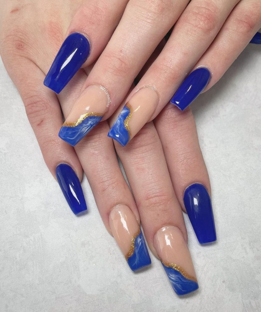 Deep Blue Coffin Nails With Gold Highlights