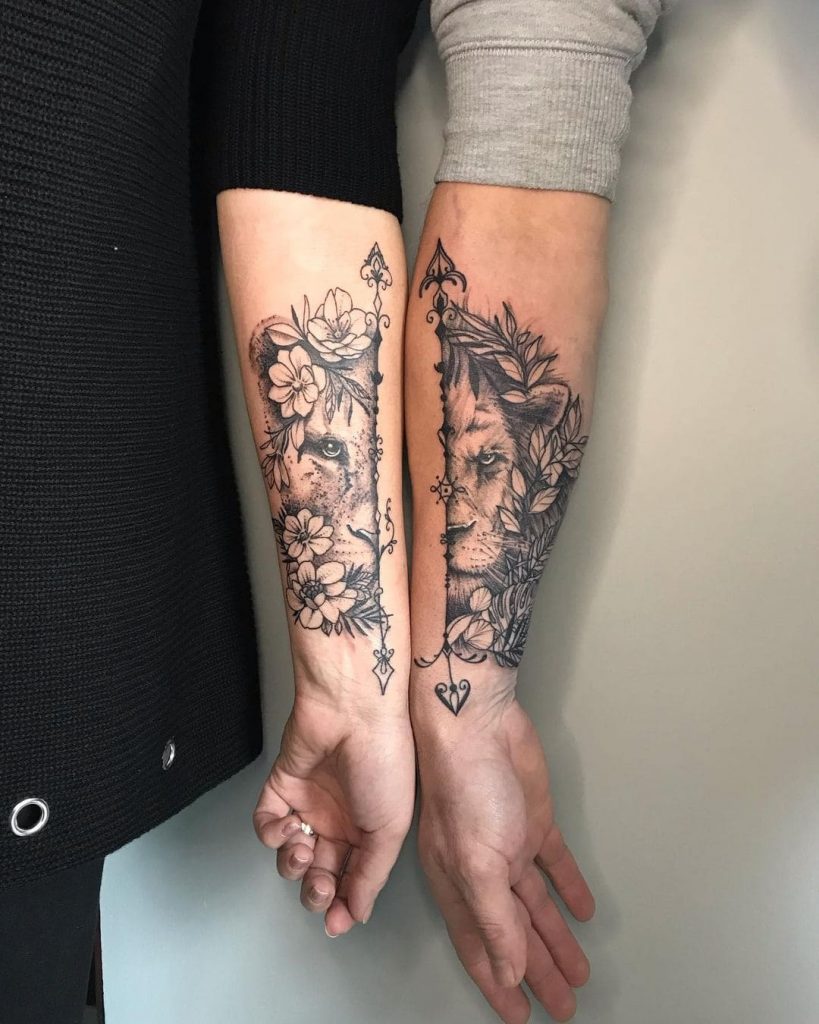 Lion And Lioness Couple Tattoo 