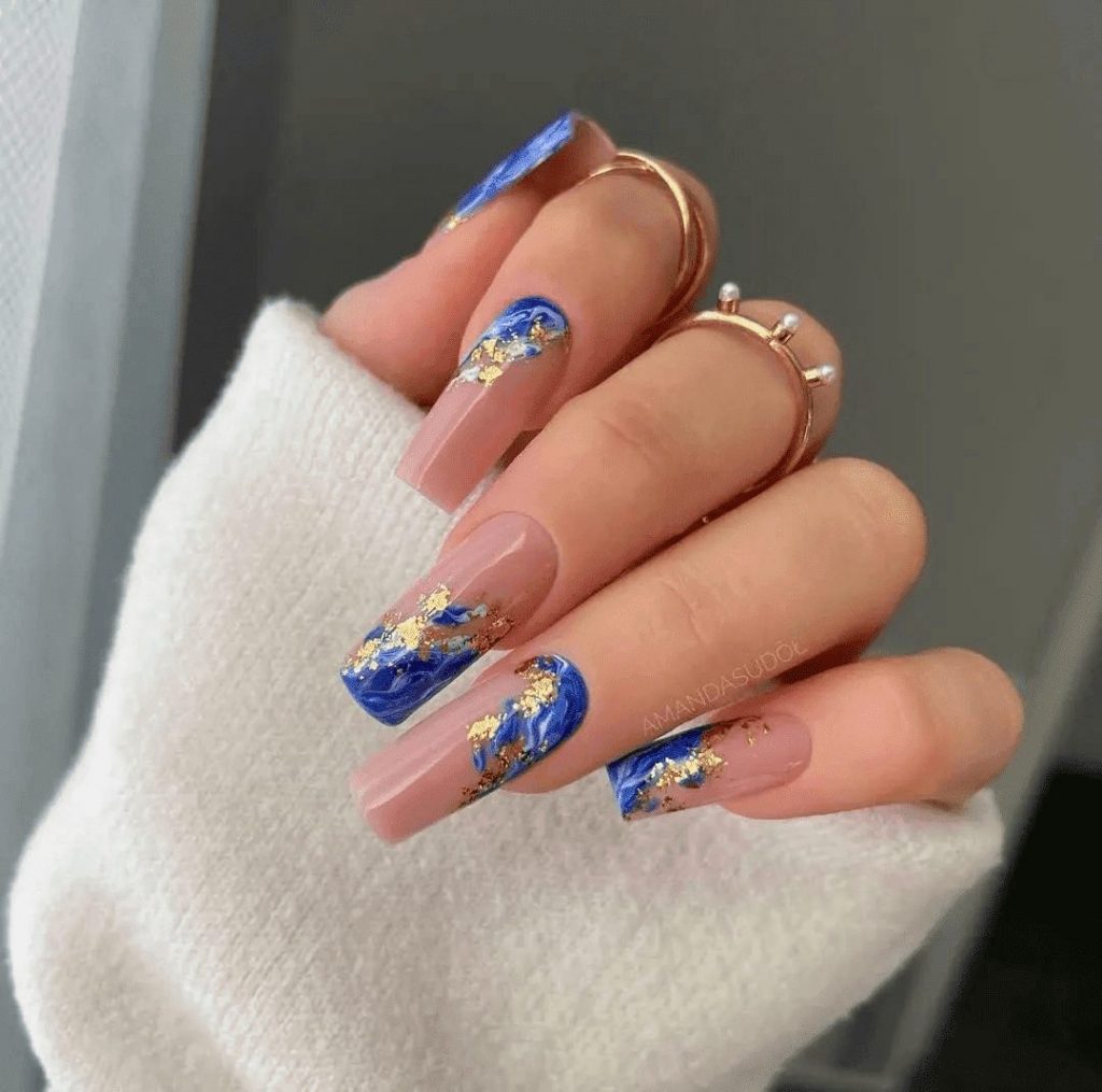 Glossy Blue With Gold Coffin Nails