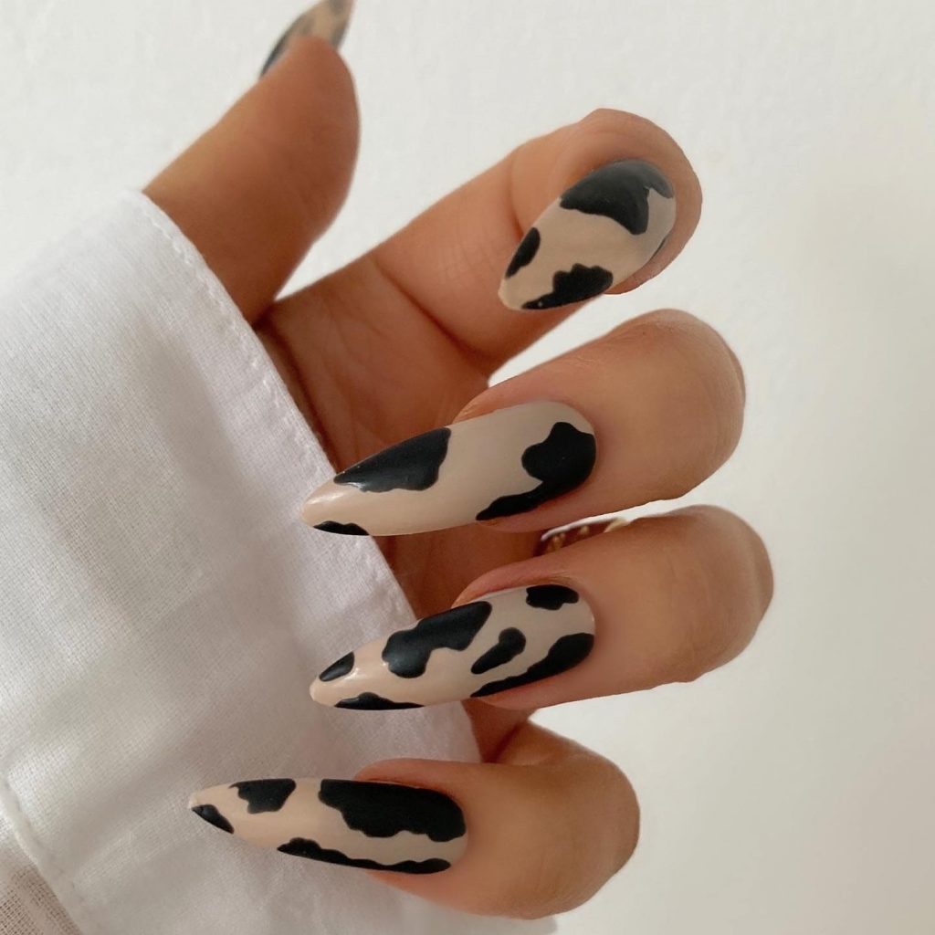 Nude And Black Cow Print Nails 