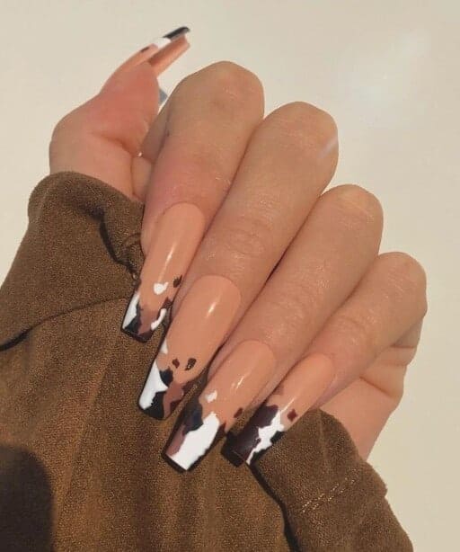 Brown French Tips Cow Print Nails 