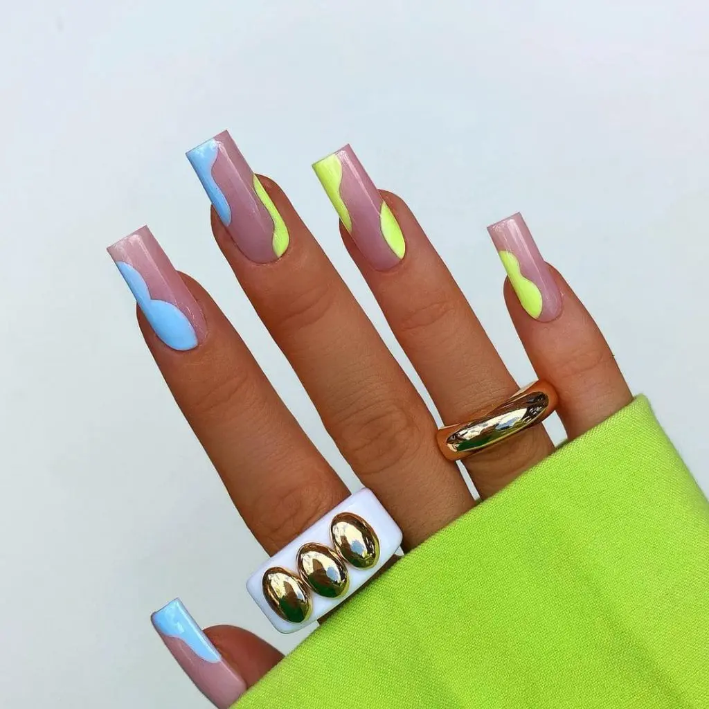 glossy baby blue with neon bright summer nails