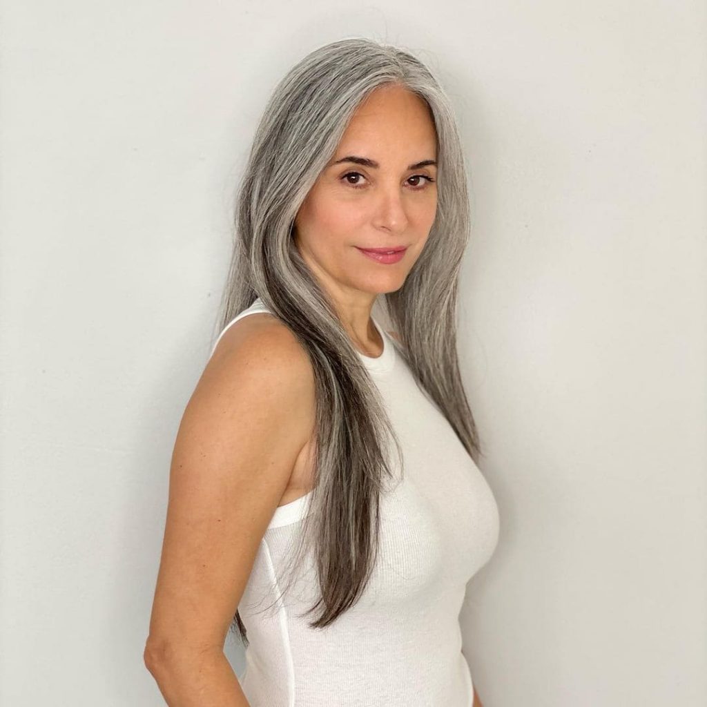 lady in white dress with gray hair
