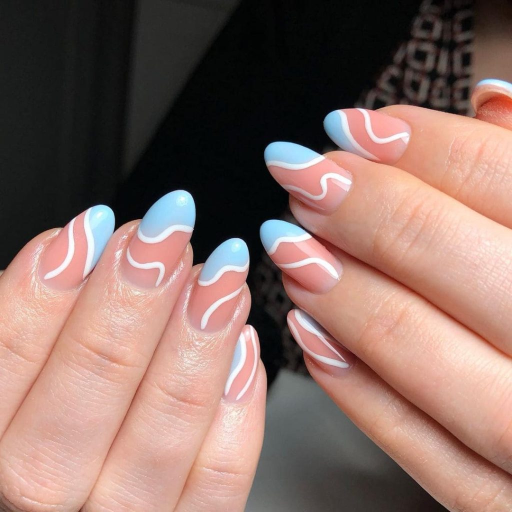 pink and blue nails swirls for summer and spring nails