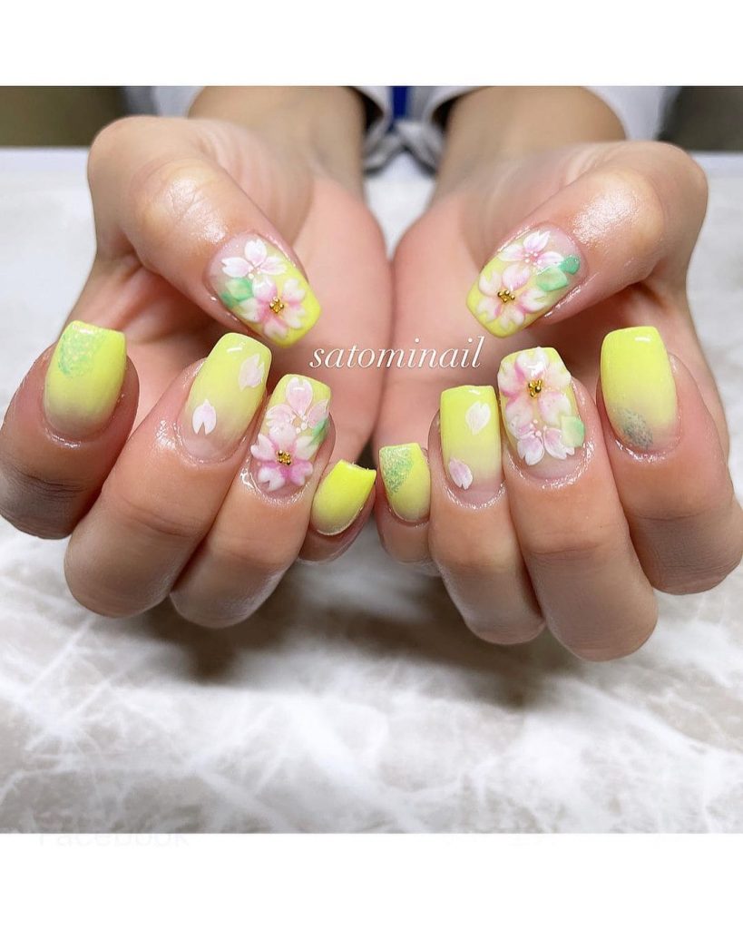 Yellow Floral Nails Design