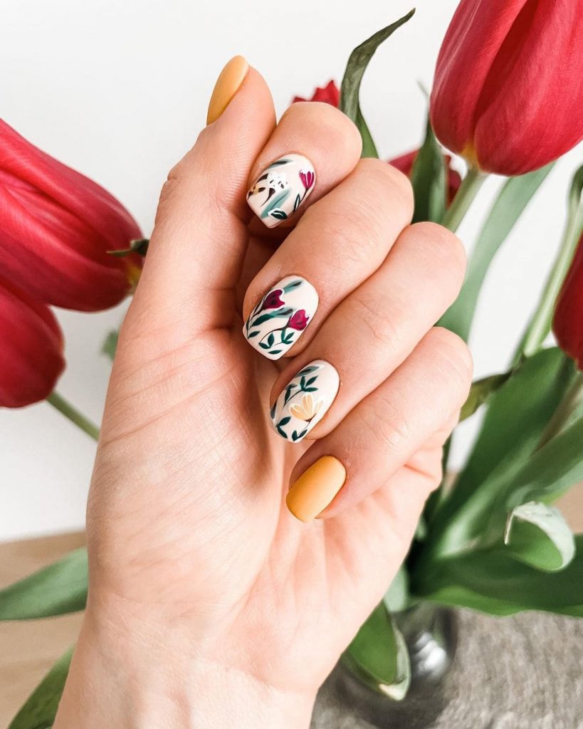 matte floral spring nail