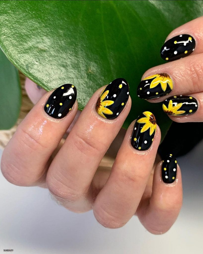 Almond Black Sunflower Nails