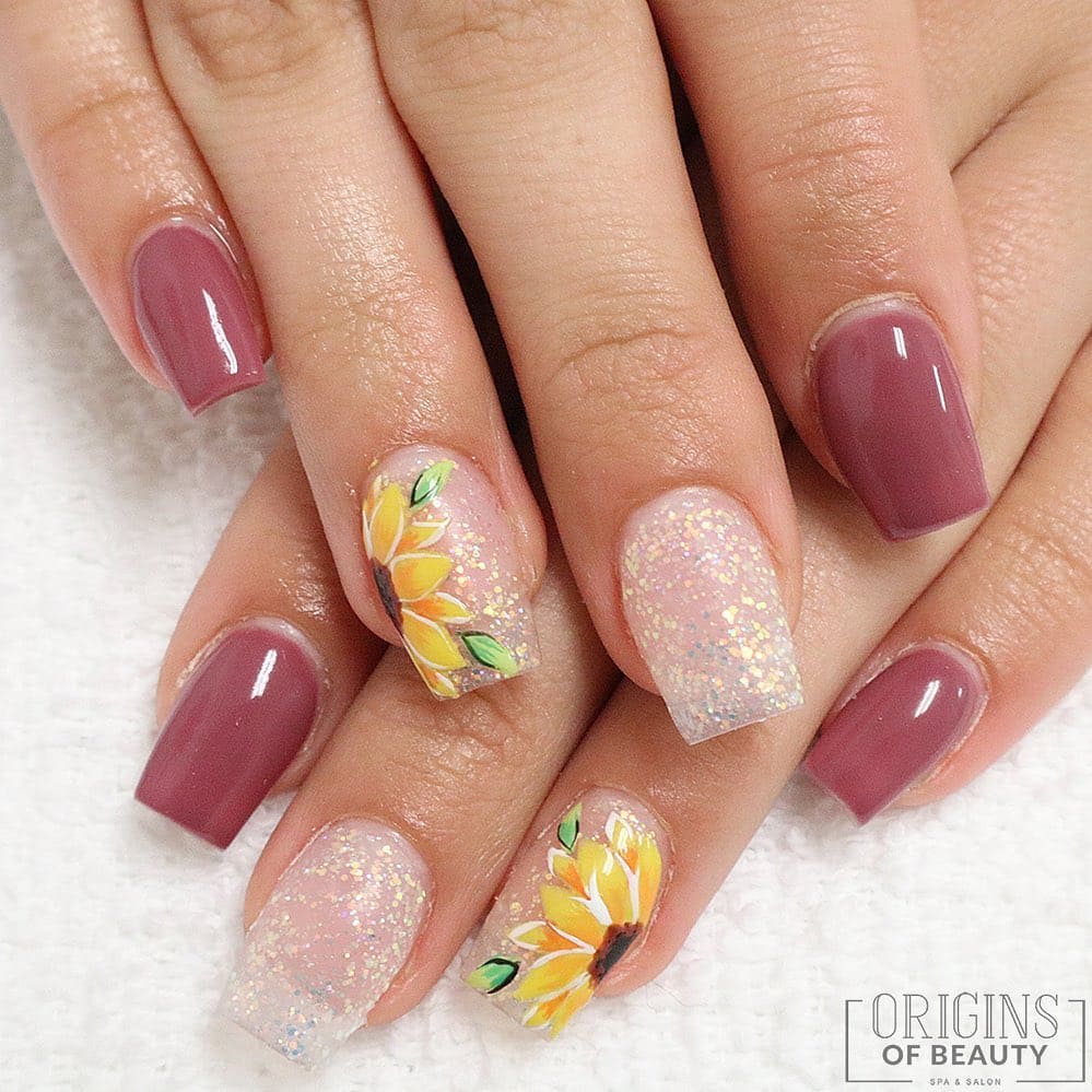 Cute Pink Sparkle summer Sunflower Nails
