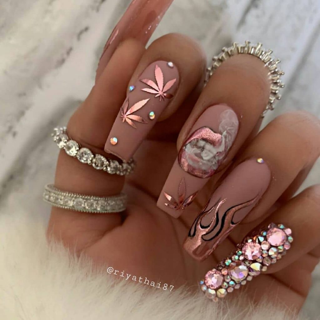 Nude Coffin Nails With Floral Prints