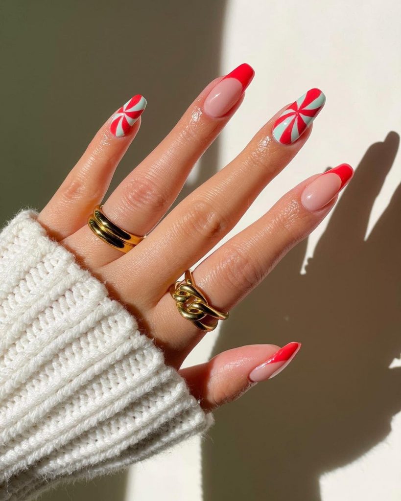  These Red Perperment Candy Cane Christmas nail colors 