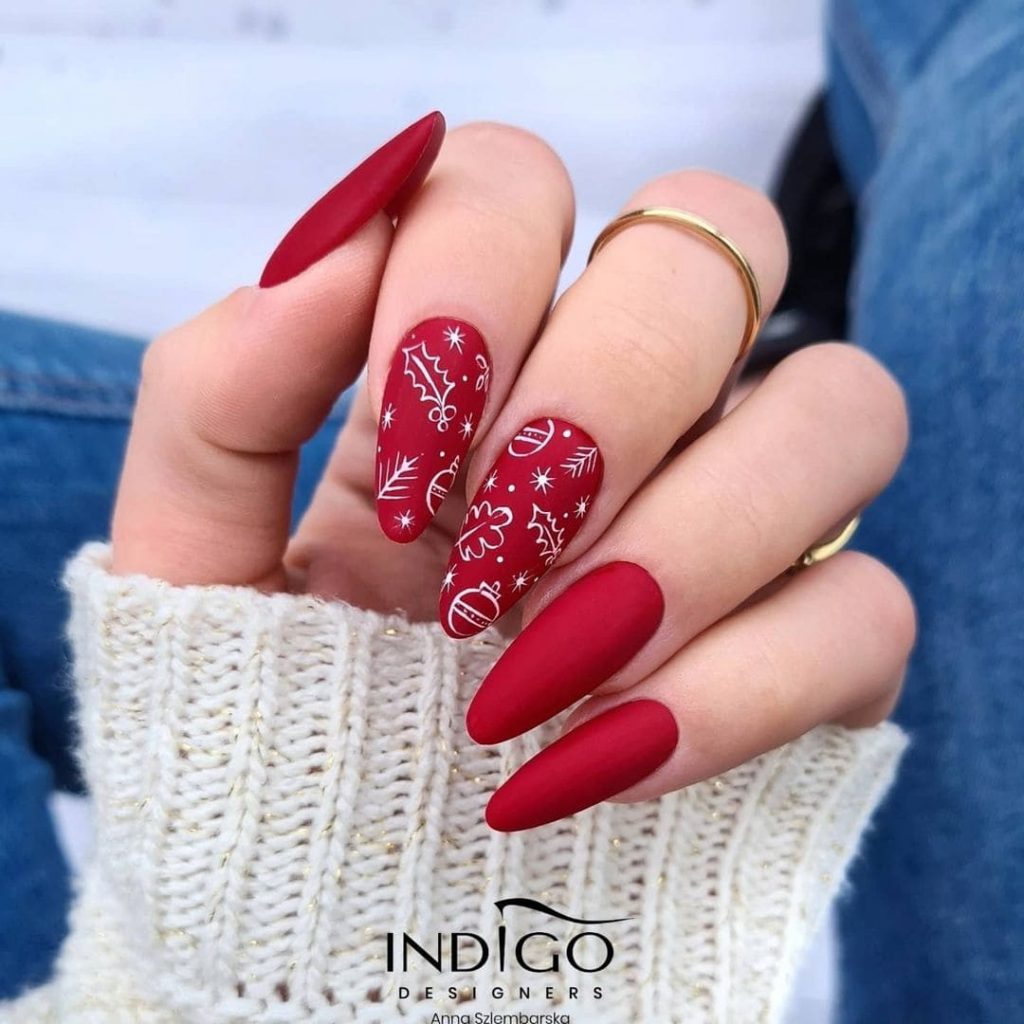These matte red and white festive nails for Christmas