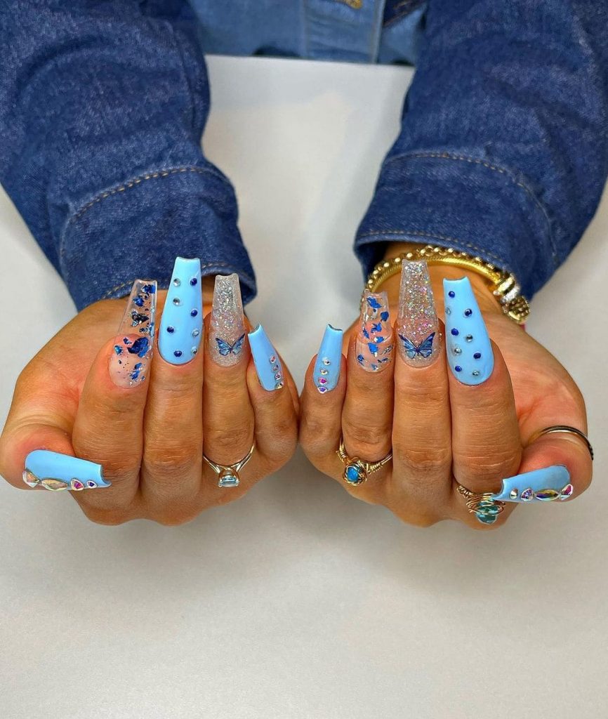 Blue Glossy With Butterfly Coffin Nails