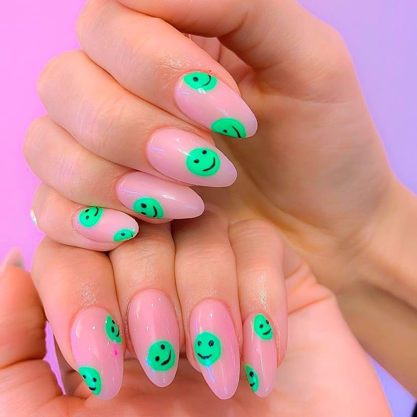 Pink Almond Nails With Green Smiley Face