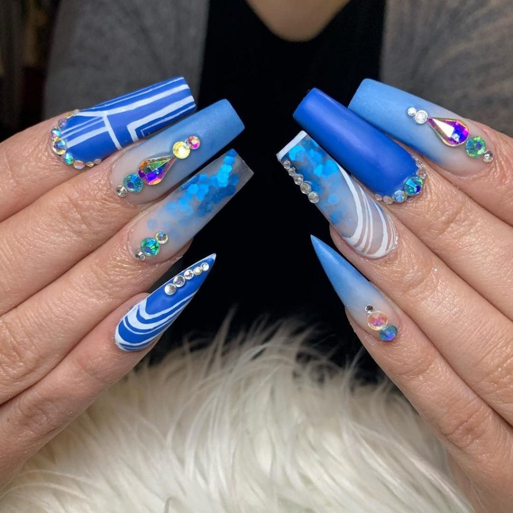 Different Shade Blue Coffin Nails