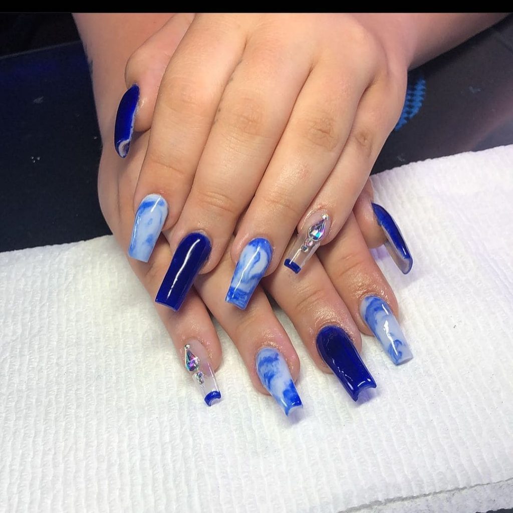Deep Blue With Marble Coffin nails