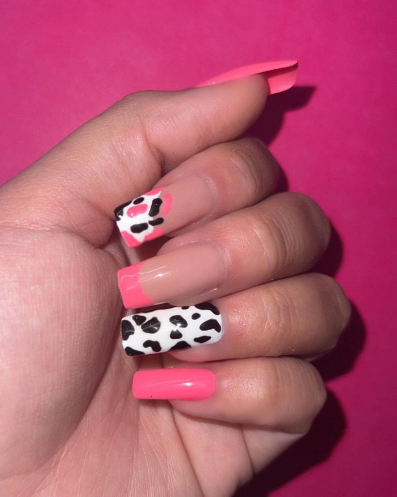 Black And Pink Cow Print Nails 