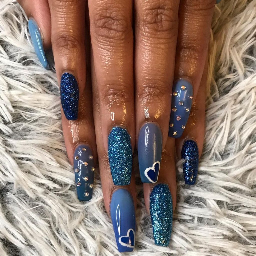 Glossy Glitter Shades of Blue Coffin Nails