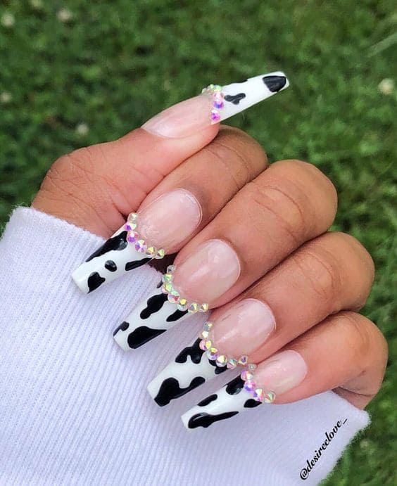 Cow Print Nails With Rhinestones 