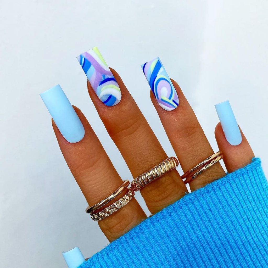 baby blue bright summer nails with neon