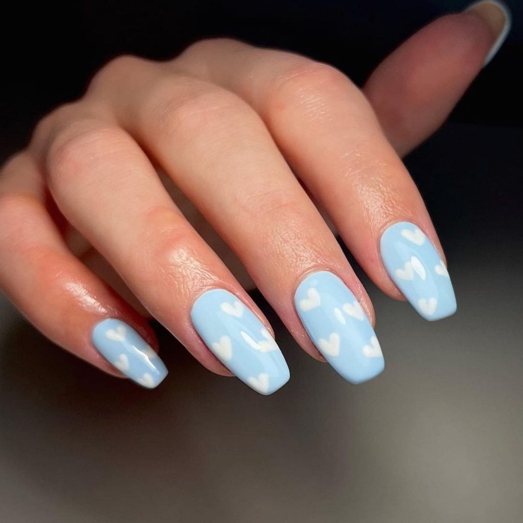 blue gel spring nails with white hearts