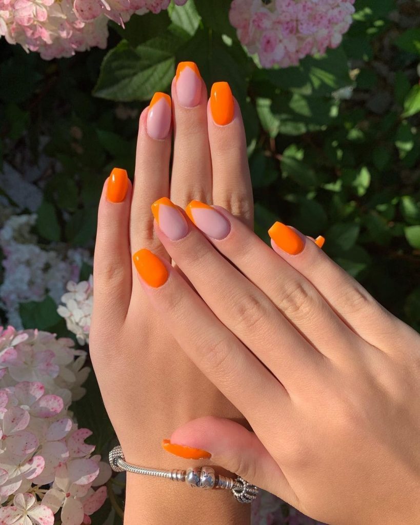 orange short French and spring nails
