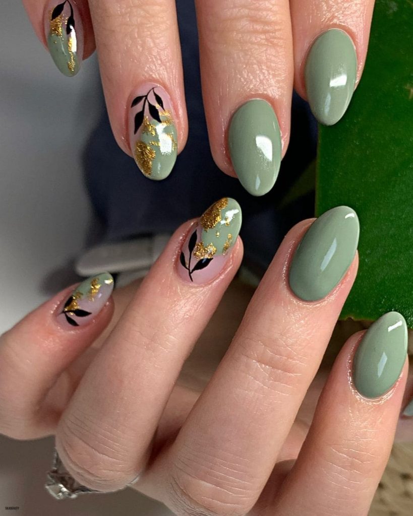 green, black, and gold gel spring nails
