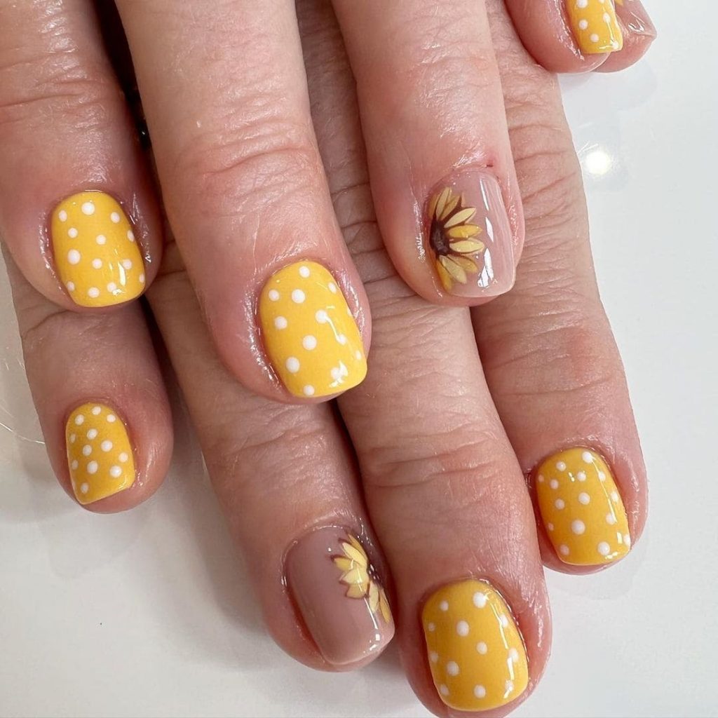 White on Yellow Polka Dot sunflower nails