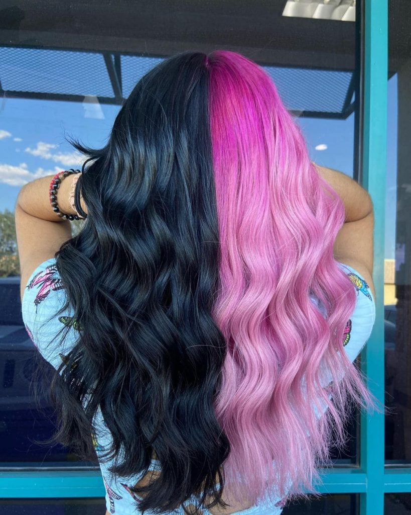 black and pink split dye hair