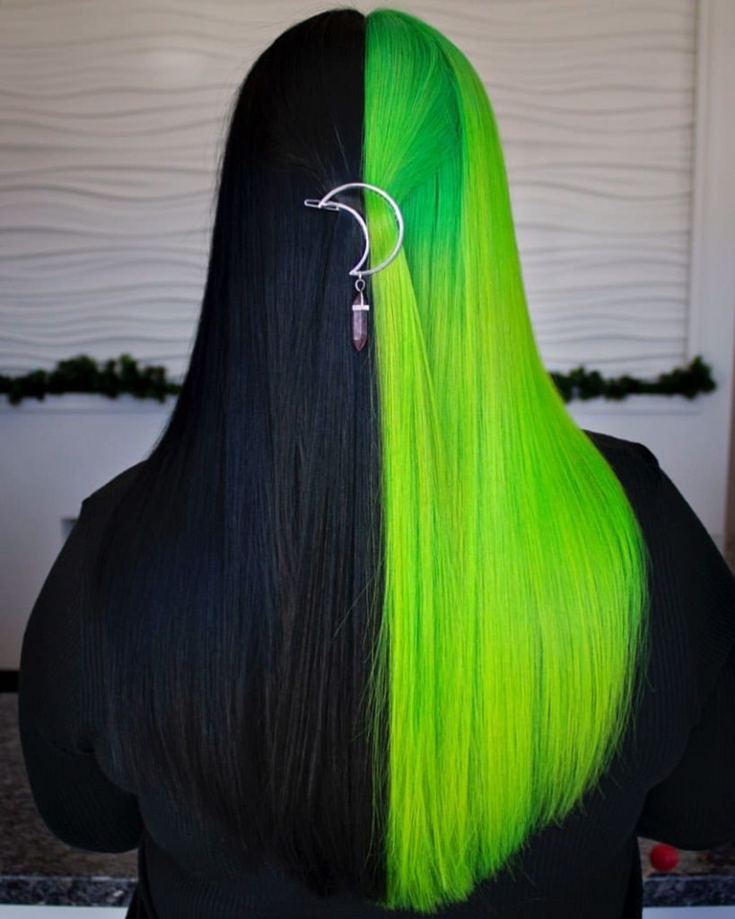 black and green split hair dye