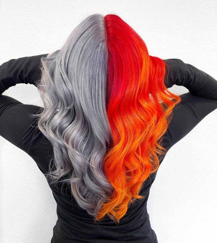 grey and red split hair dye