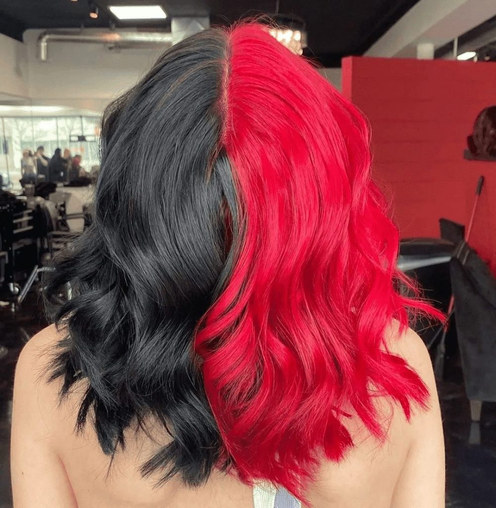 Red and black split-dyed hair