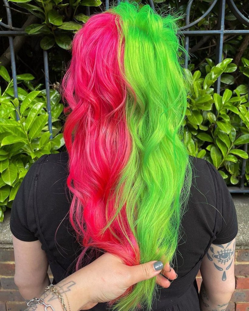 green and pink split hair dye