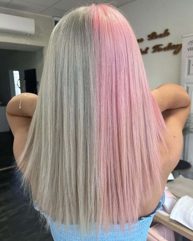 pink and grey split hair dye