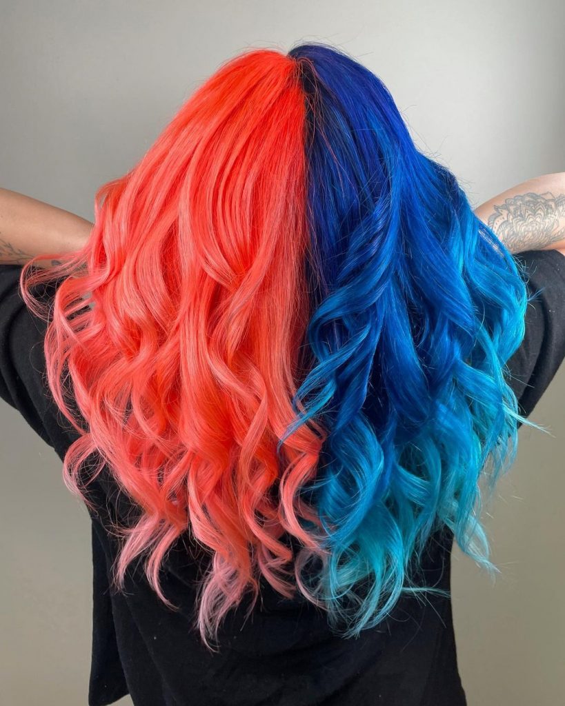 Deep red and blue split-dyed hair