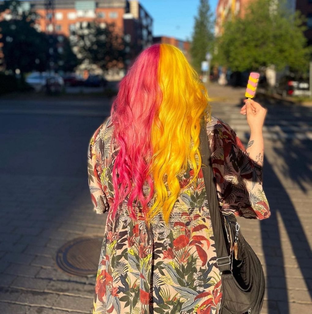 yellow and pink split hair dye