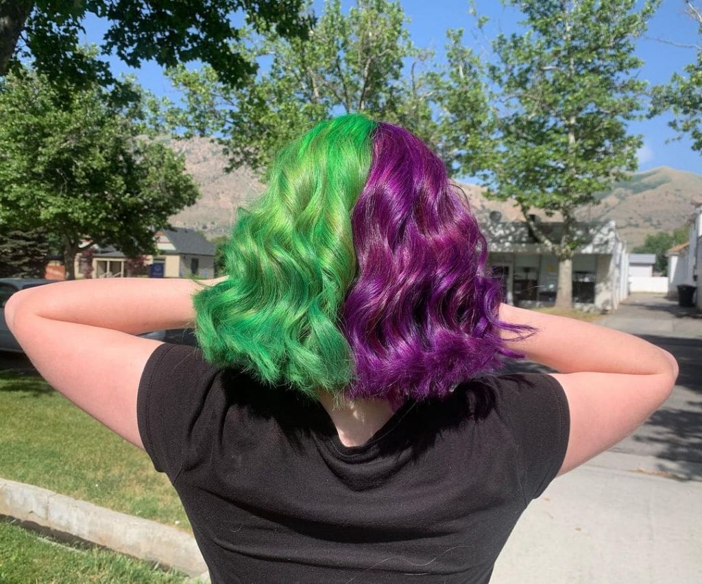 green and purple split dye hair