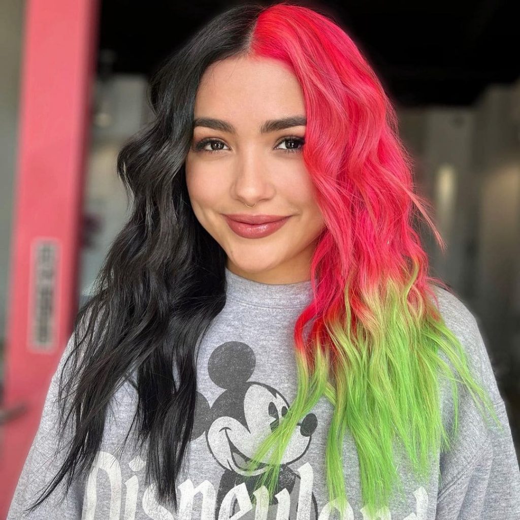 black, red, and green split hair dye