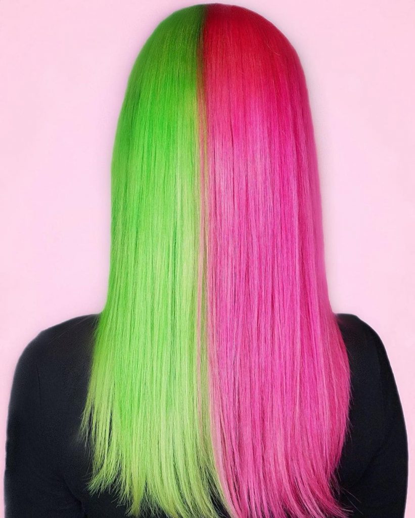pink and green split hair dye