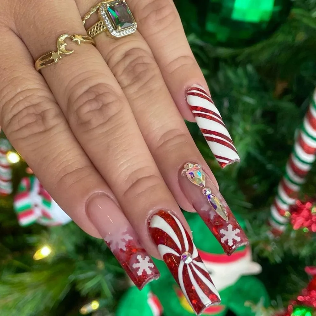 Red and White Peppermint Holiday Nail Design