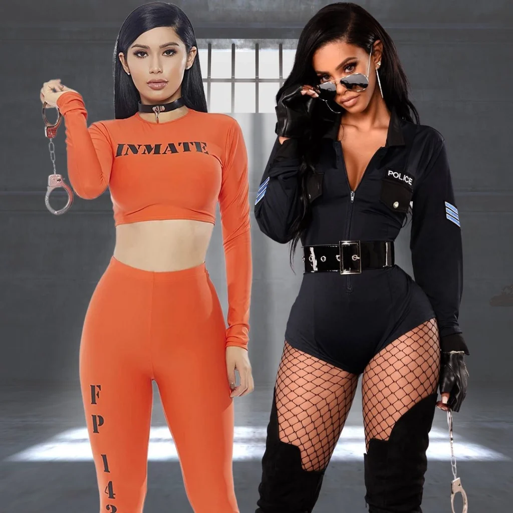 Two women dressed as an inmate and a police officer; the inmate in an orange outfit holding handcuffs, and the officer in a black uniform with fishnet stockings, exuding a strong and playful contrast.