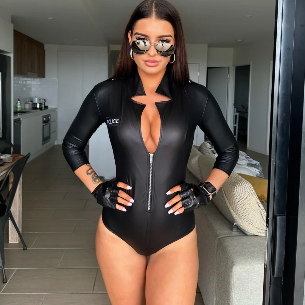 A woman dressed in a black police-themed bodysuit with a deep V-neck, accessorized with aviator sunglasses and fingerless gloves, standing confidently in a modern living space.