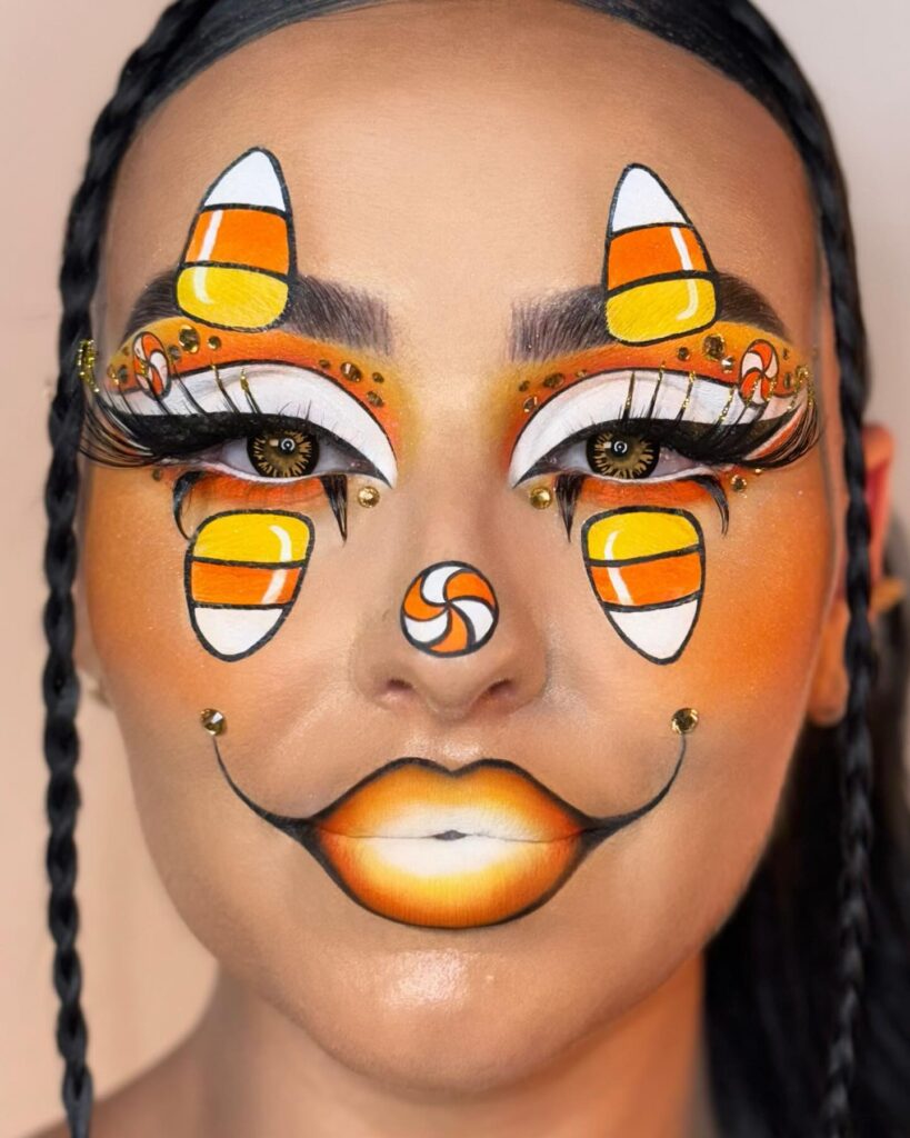 A colorful candy corn-inspired makeup design featuring bright orange, yellow, and white candy corn pieces painted across the face, adorned with golden gems, bold lashes, and candy corn-gradient lips for a playful Halloween look.