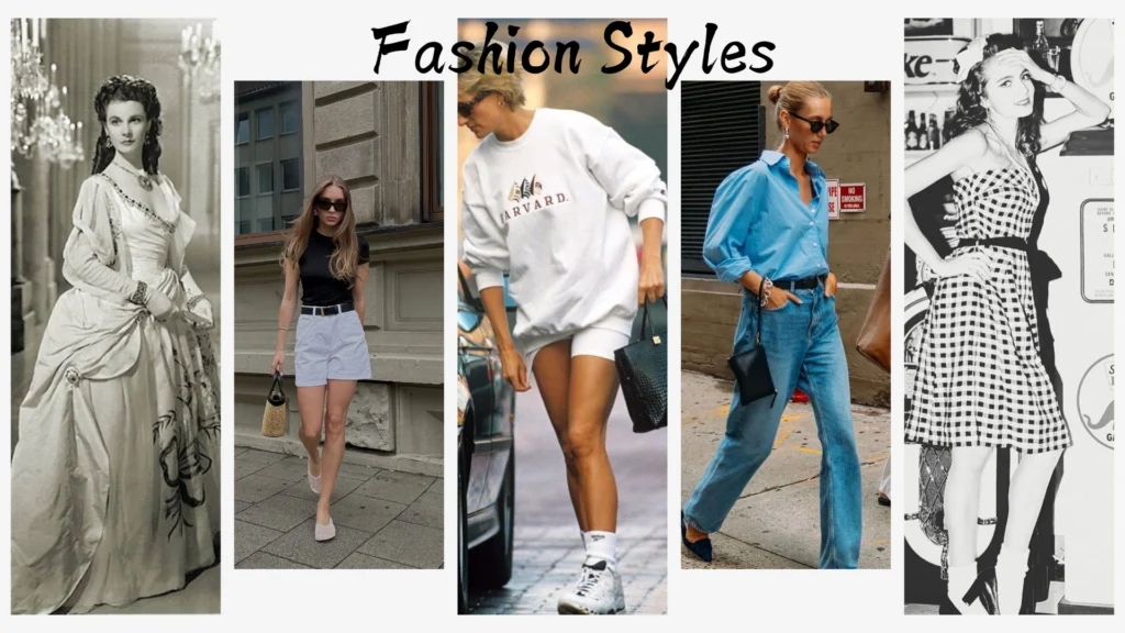 Collage showcasing various fashion styles: from classic historical attire to modern casual looks. Features a vintage gown, a minimalist summer outfit, an athleisure ensemble, a chic denim look, and a retro gingham dress.