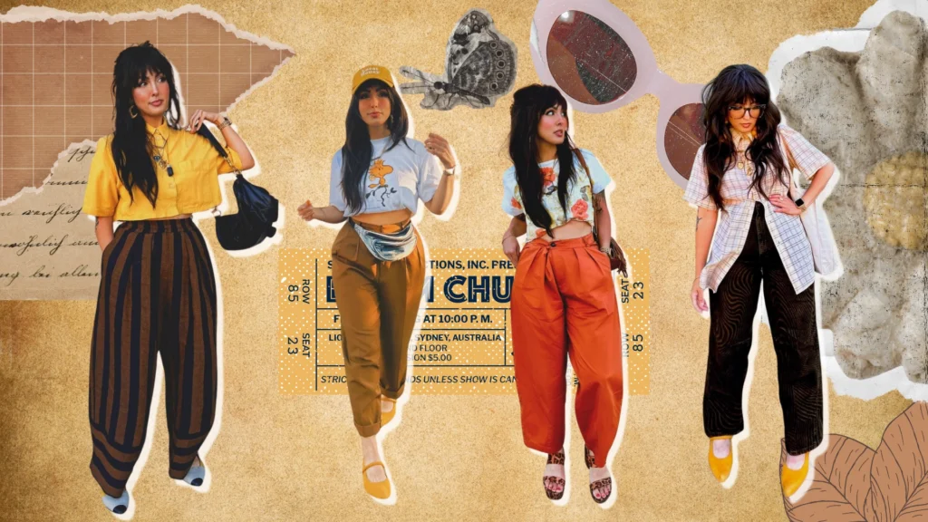 Collage featuring a woman in various colorful and eclectic street style outfits. The looks include a yellow shirt with striped pants, a graphic t-shirt with high-waisted trousers and a fanny pack, an oversized floral tee with orange pants, and a checkered shirt over black trousers. The background is layered with vintage-inspired elements like ticket stubs, handwritten notes, and illustrations, creating a playful and artistic fashion spread.